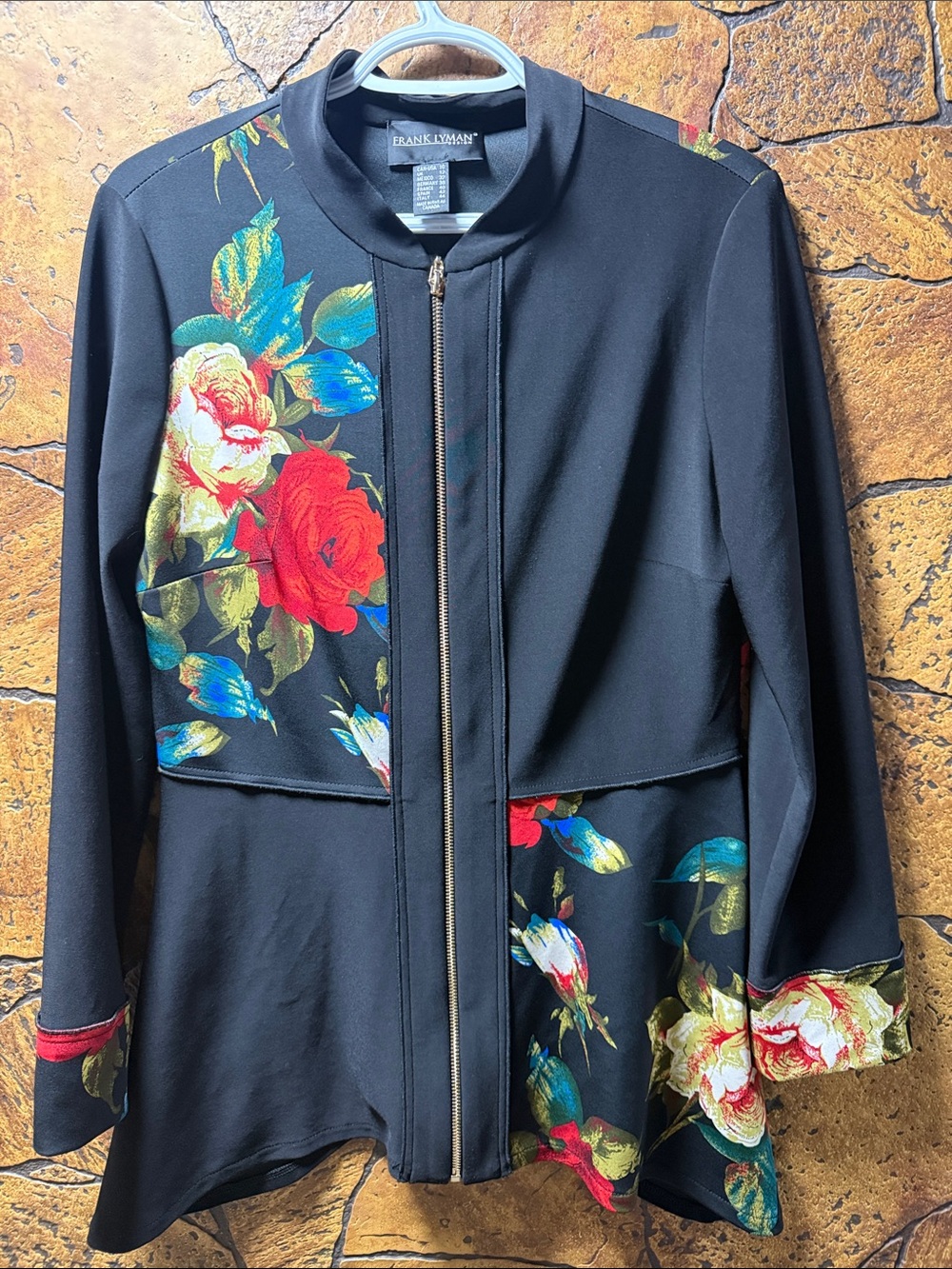 Frank Lyman Black Floral Zip-Front Jacket P2P 19” length 29”